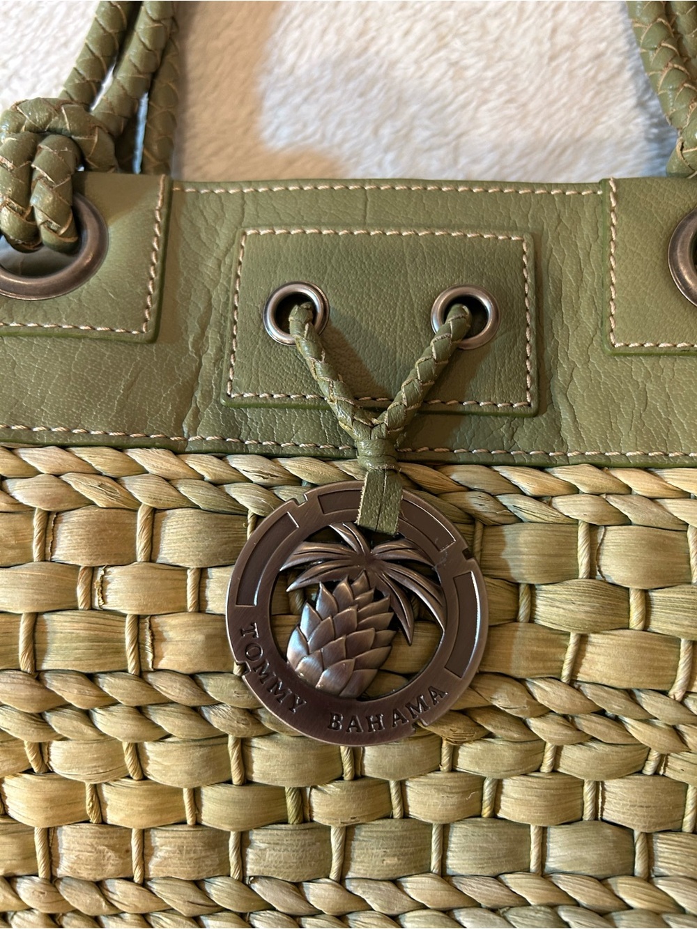 Tommy Bahama Olive Green Braided Tote with Pineapple Charm